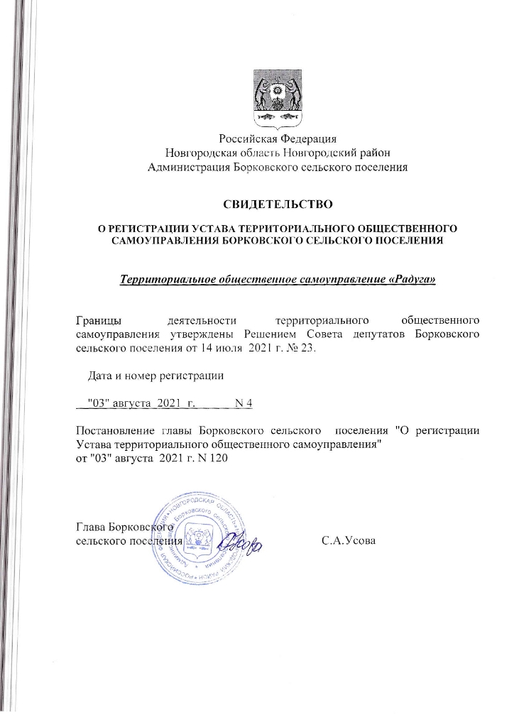 Свидетельство о регистрации Устава территориального общественного самоуправления Борковского сельского поселения